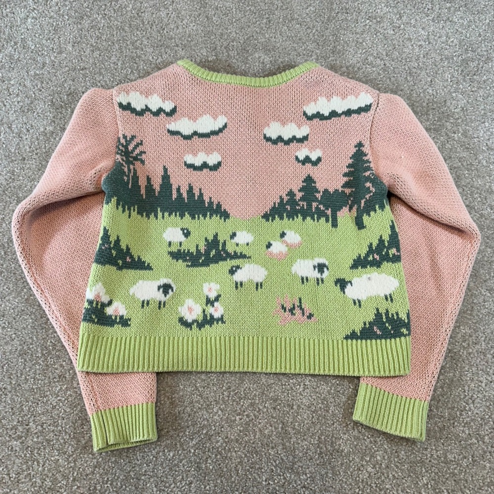 Zara Sheep Landscape Knit Cardigan Pink Green Pastoral Cottagecore Sweater Small - Picture 6 of 8